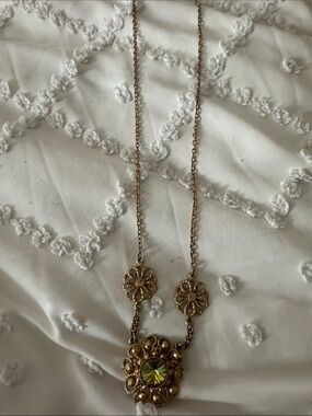 Antique Gold Floral Pendant Necklace with Green Crystal Accent